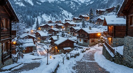 Snowy Alpine Village Charming Winter Houses Scenic Landscape