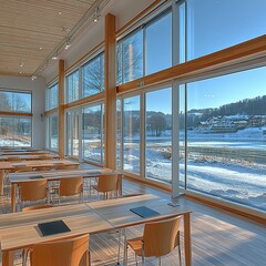 A modern dining space with large windows overlooking a snowy landscape and wooden furniture.