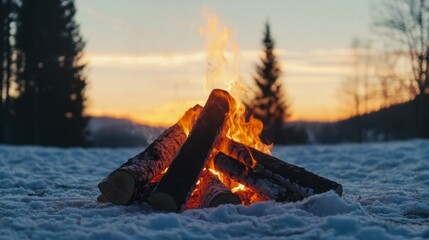 A crackling bonfire in the snow at sunset, surrounded by trees and mountains.