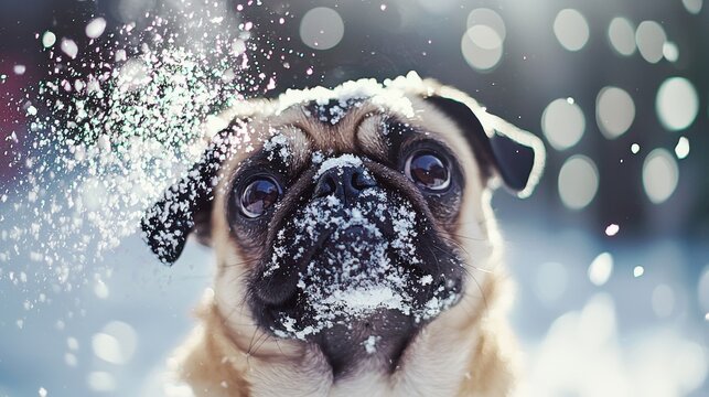 A playful pug dog covered in snowflakes, capturing the joy of winter. This adorable pet showcases a happy expression amidst a snowy backdrop, perfect for winter-themed options.