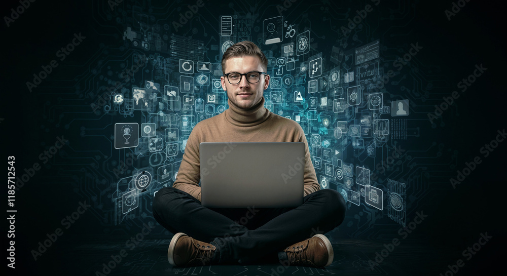 Poster programmer with laptop on neon tech background . generative ai