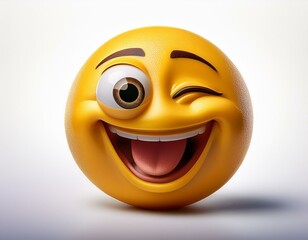 A fun-loving emoji with one eye winking mouth open in laughter set against a clean white backdrop with no distractions isolated in white