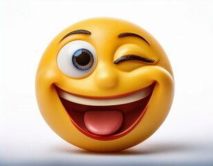 Fototapeta premium A fun-loving emoji with one eye winking mouth open in laughter set against a clean white backdrop with no distractions isolated in white