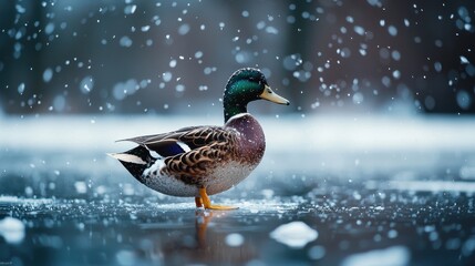 Fototapeta premium A solitary mallard duck gracefully walks across a frozen lake, surrounded by softly falling snowflakes. The vibrant colors of its feathers contrast with the wintery background.