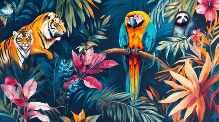 Obraz premium Vibrant jungle scene featuring exotic animals and lush flora tropical rainforest digital art vivid colors wildlife conservation