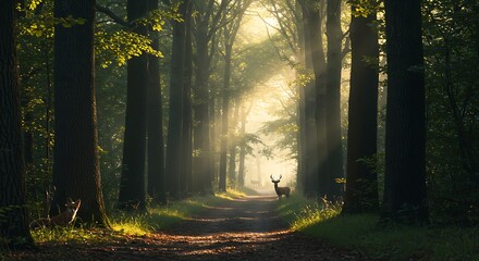 Naklejka premium Majestic Deer in Sunlit Forest Path Magical Sunrise Nature Photography