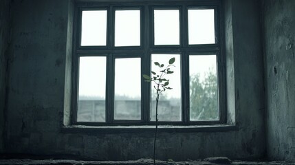 Fototapeta premium A small plant sprouts in a weathered window of an abandoned building, symbolizing resilience and new life amidst decay.