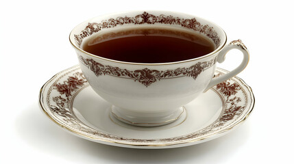 Fototapeta premium Elegant teacup filled with dark tea, on saucer, white background, perfect for beverage advertisements