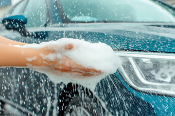Fototapeta premium Hands with soap washing a car with pressurized water. Woman washing car with soap and water in self-service car wash