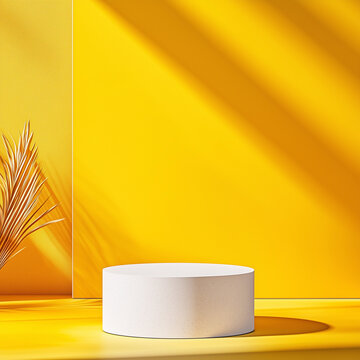 Minimalist white podium on a bright yellow background with green palm leaves, perfect for tropical product presentations or vibrant branding concepts. 