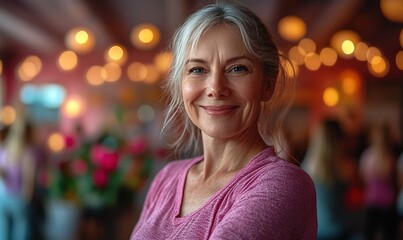Obraz premium A smiling older woman in a pink top, exuding warmth and confidence in a vibrant, blurred background.