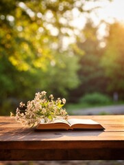 Fototapeta premium Open book with flowers resting on a wooden table in a sunlit garden setting