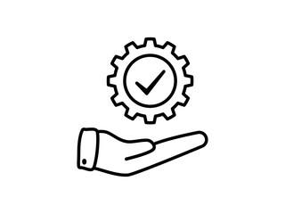 hand holding gear with check mark, simple flat style, logo sign symbol vector illustration pictogram, isolated on white for mobile app