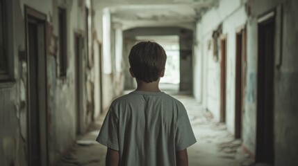 Naklejka premium Boy standing alone in a dilapidated hallway, looking towards a light source.