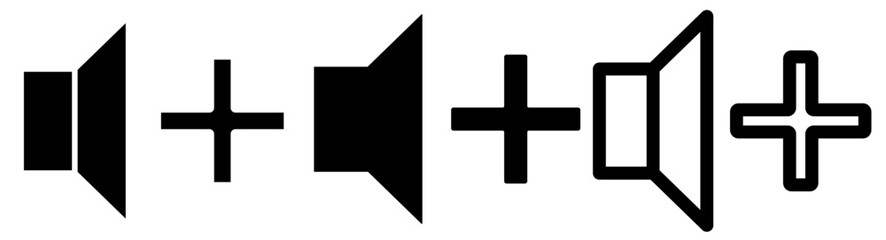 add volume, volume up, audio icon with plus sign, simple flat style, pictogram logo sign symbol vector illustration, isolated on white for mobile app