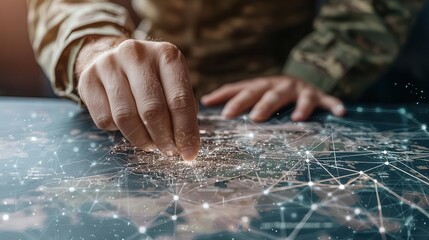 Military officer strategizing on a digital battlefield map, anticipating challenges and solutions, strategy, vision, problemsolving