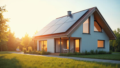 Close-up of new suburban house with a photovoltaic system on the roof. Modern eco friendly passive house with solar panels on the gable roof, with sunlight in the morning vibes.