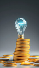 Rising energy cost concept. Light bulb on top of a stack of gold coins. 3D Rendering, graphic novel art, with white tones