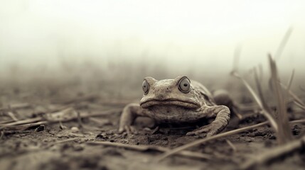 Obraz premium Close-up of a toad on dry, dusty ground in foggy conditions.