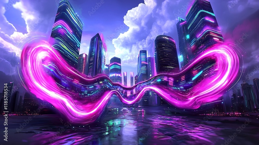 Poster luminescent waves of data and light converging to create a stunning cityscape in a visionary digital