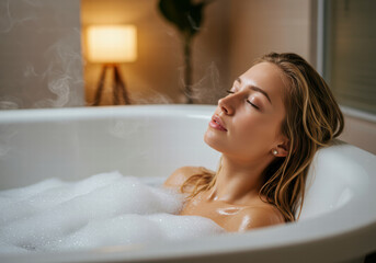 Obraz premium Young Caucasian Woman Relaxing with Closed Eyes in Bubble Bath at Home