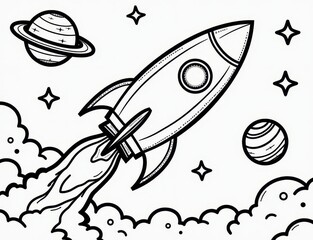Fototapeta premium Coloring page of a rocket ship blasting off into outer space with planets and stars. you can print it 