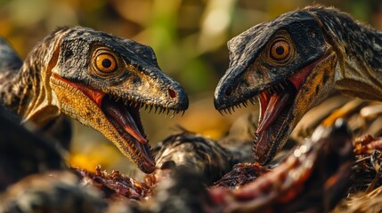 Obraz premium Two fierce dinosaurs engage in a dramatic struggle for survival. The raw power of nature is on display. Witness the intensity of prehistoric life. Generative AI