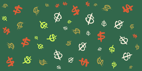 Colorful Hand drawn doodle of a US dollar symbol pattern on a green background. Currency symbols pattern