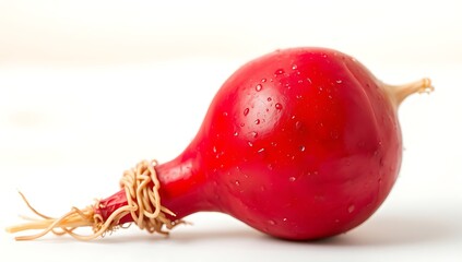 Single red radish with water droplets.
