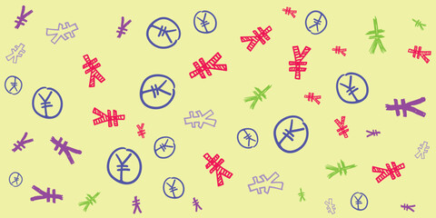 Colorful Hand drawn doodle of Japanese Yen symbol pattern on a yellow background. Currency symbols pattern