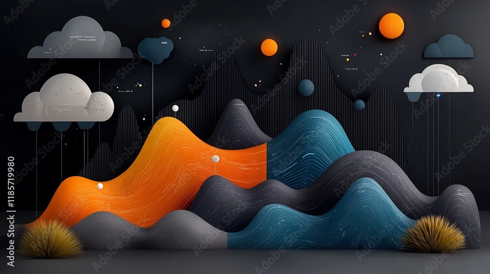 Poster captivating fluid topographic visualization of a rainfall pattern map showcasing dynamic weather dat