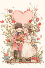 Couple holding flowers celebrating valentine's day with floral heart background