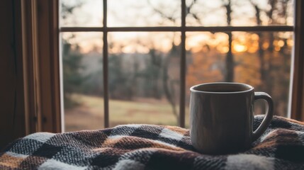 Cozy autumn scene coffee mug on plaid blanket by window with sunset view.