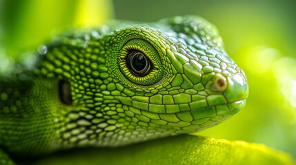 Close-up of a vibrant green lizard resting on a leaf. Nature captivates with its colors and details. Explore the beauty of wildlife in this stunning photograph. Generative AI
