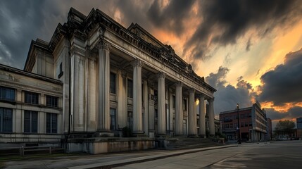 Obraz premium Dramatic courthouse exterior featuring towering stone columns and grand architecture, symbolizing justice, authority, and the importance of legal proceedings in society.