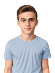 Obraz premium Teenage boy with short, messy brown hair and hazel eyes, a friendly expression. He wears a simple t-shirt and jeans.