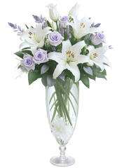 Obraz premium Sympathy Tribute (White Lilies Lavender Roses) tall, elegant glass vase with clear water, holding a graceful bouquet