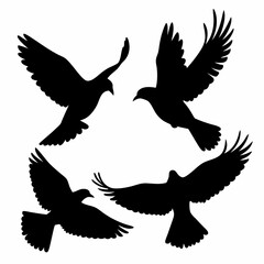 Obraz premium Four birds flying in the sky. They are all black. The birds are in different positions. One is in the middle, and the other three are on the right side