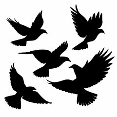 Obraz premium Four birds flying in the sky. They are all black. The birds are in different positions. One is in the middle, and the other three are on the right side