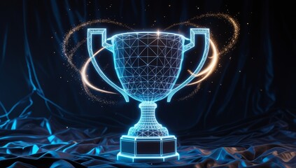 Digital Victory, A Neon Trophy Shines with Holographic Sparks on a Dark Velvet Drape