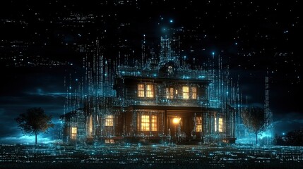 Obraz premium A digital representation of a house surrounded by a futuristic, glowing data environment at night.