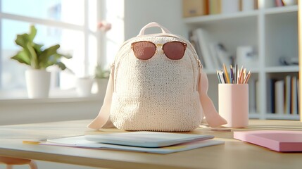 Nostalgic 90s Vibe, A vibrant collection of old school accessories including a stylish backpack, embodying retro fashion and youthful spirit.