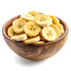Banana slice chips in wooden bowl on white background