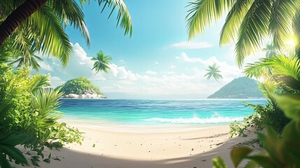 Tropical Beach Paradise: Idyllic Seascape with Lush Palm Trees