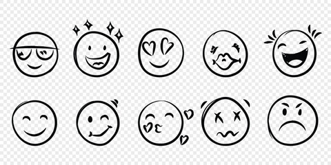 Emojis faces icon in hand drawn style. Doddle emoticons vector illustration on isolated background. Happy and sad face sign business concept.