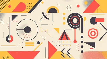 Obraz premium Modern and minimal abstract background in orange, yellow, and red hues featuring a banner adorned with geometric shapes like lines, stripes, and triangles. The gradient effect adds a touch of elegance