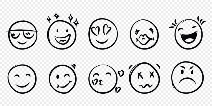 Emojis faces icon in hand drawn style. Doddle emoticons vector illustration on isolated background. Happy and sad face sign business concept.