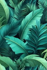 A seamless pattern of tropical leaves in shades of teal and green, with a focus on palm fronds and banana trees, creating an exotic jungle atmosphere.