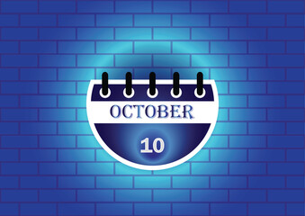 Obraz premium A stylized calendar page for October 10th is displayed against a blue brick wall background. The design is clean and modern, ideal for various uses.