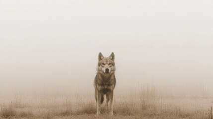 Fototapeta premium Lone wolf standing in foggy field.